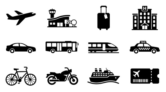 Travel and Transportation Silhouette Icon Set with Airplane, Airport, Luggage, Hotel, Car, Bus, Train, Taxi, Bicycle, Motorcycle, Ship and Travel Ticket Icons on Transparent Background
