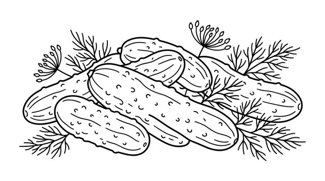 Black silhouette of pickles with dill sprigs on white