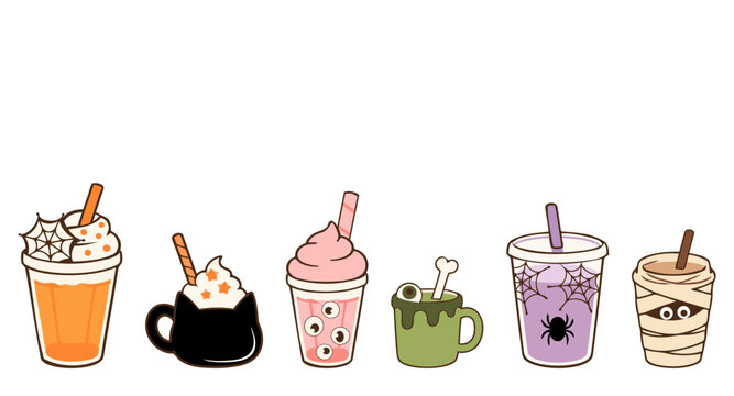 Halloween drink collection featuring spooky coffee, milkshake and potion cups decorated with spider webs, black cat, eyeballs, slime, spider and mummy wraps in playful hand drawn flat vector style.