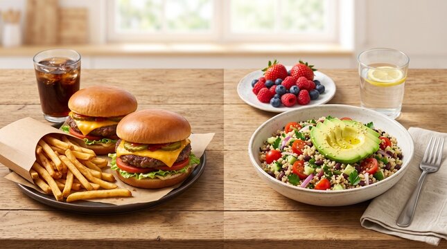 Side-by-side comparison of fast food burgers with french fries versus quinoa salad with fresh berries, symbolizing dietary nutrition contrast