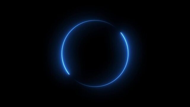  Abstract two tone neon color shade motion graphic on isolated black background. Blue neon light trail circle on black background. Abstract neon light with neon circle background.