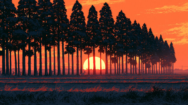 Cedar Windbreak Silhouette at Winter Sunset