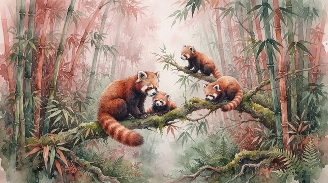 Red panda mother with her cubs resting on a mossy branch in bamboo forest