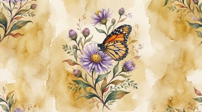 A monarch butterfly resting on a purple aster flower in a watercolor painting