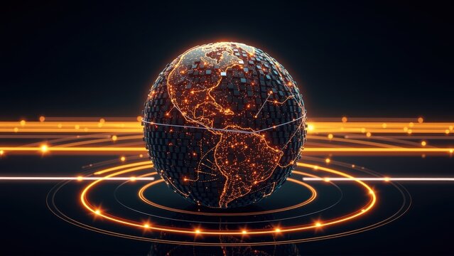 Digital globe displays interconnected network. Bright lines suggest data streams, global communication, futuristic technology. Dark background emphasizes glowing elements.