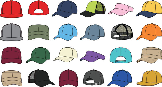 Baseball cap vector collection featuring various hats including snapbacks trucker caps sun visors and military cadet hats in diverse colors for fashion flat sketch templates
