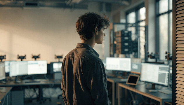 Young man standing in modern office looking at computer monitors thoughtful mood soft natural light technology workspace contemporary interior casual clothing innovation atmosphere