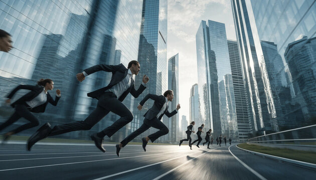 Businessman suit running city skyscraper competition urban race determination speed ultra realistic cinematic modern outdoor success ambition teamwork challenge professional energetic motivation