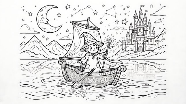 A young wizard in a boat with a magic wand sailing on a lake under a crescent moon and starry sky with a castle in the distant mountains