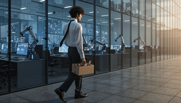 Young man walking outside modern glass office building, holding box of personal belongings, robotic arms and digital screens visible inside, suggesting job loss or career change