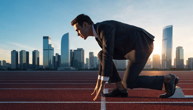 Businessman suit track city sunrise determination urban motivation professional success start outdoor running ambition competition leadership goal preparation focus confident athlete business