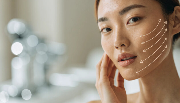 Young woman clear skin beauty skincare face closeup healthy glowing natural smooth arrows lifting rejuvenation anti aging wellness fresh soft feminine attractive serene confident Asian model