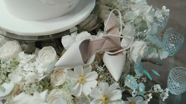 White bridal high heeled shoes resting on a table decorated with white flowers and glass votive candle holders