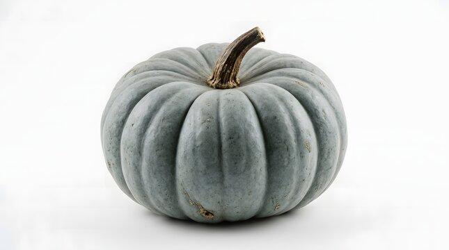 A whole blue-grey heirloom pumpkin with its natural stem intact.