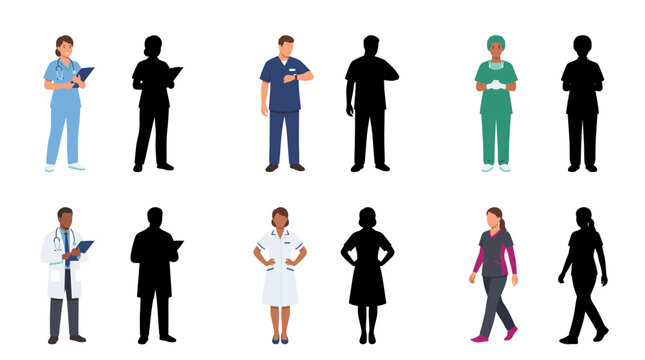 Set of vector collection featuring different styles of nurse uniforms and professional nursing clothing, including nurses wearing scrubs, medical dresses, hospital uniforms, surgical attire
