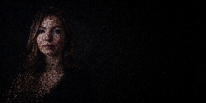 Digital ID Portrait of Woman with Face made up of Numbers and Symbols. Government ID system Concept with copy-space.