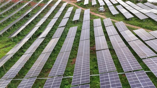 rows of solar panels arranged on green grass field for clean energy generation