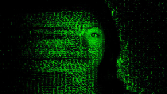 Woman's Face formed from Encrypted Code. Deepfake Concept.