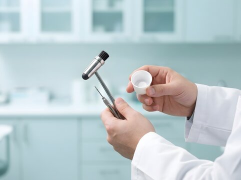 Doctor hands holding reflex hammer and medicine in hospital