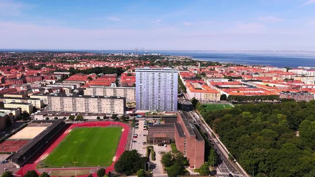 Kronprinsen, H&auml;sthagens Idrottsplats, &Ouml;resund bridge and more in Malm&ouml; Sweden, summer day