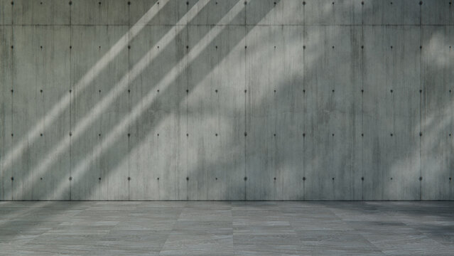 Elegant Large Concrete Panel Wall Scenery with Warm Sunlight and Branch Shadows. Product Display Concept with copy-space.