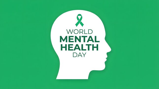 A conceptual illustration featuring a human head silhouette with a ribbon symbol for world mental health day to promote awareness and support for psychological well