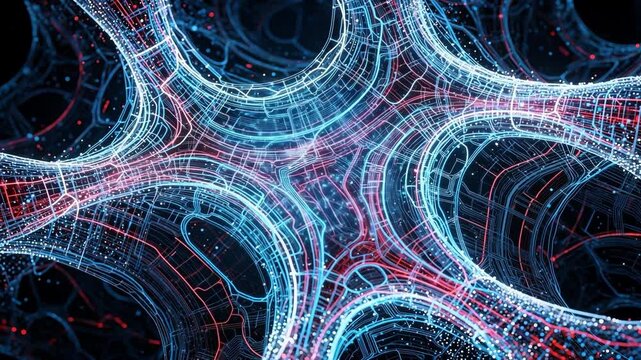 Abstract Glowing Neural Network and Circuit Matrix Animation with Red and Blue Digital Energy Pulses
