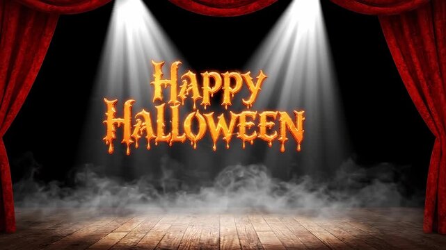 A spooky Halloween stage with red curtains, bright spotlights, eerie fog, and the text "Happy Halloween" in a dripping orange font.