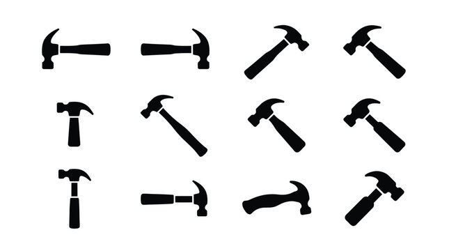 Various black silhouette hammer icons with transparent background for graphic design use