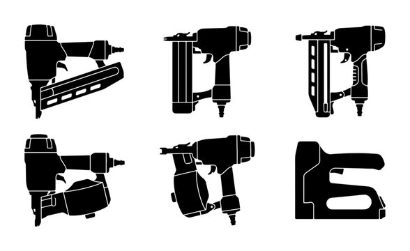 Black silhouette staple guns and nailers set, construction tools