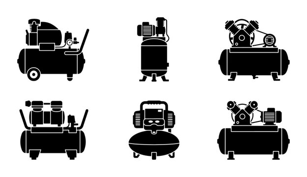 Black air compressor set icons, industrial equipment graphic design