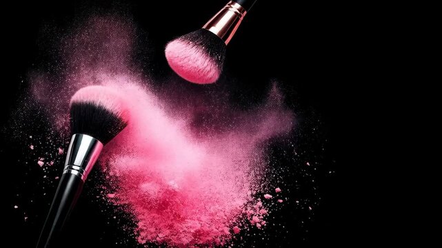 Makeup brushes with exploding pink powder on black background