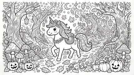 Fototapeta premium Autumn forest coloring page with a cute unicorn, carved pumpkins, mushrooms, falling leaves, acorns, and lanterns hanging from the trees