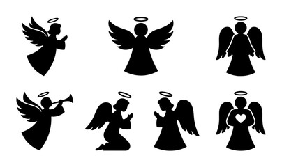 Fototapeta premium Black angel silhouettes with halos, praying and holding hearts