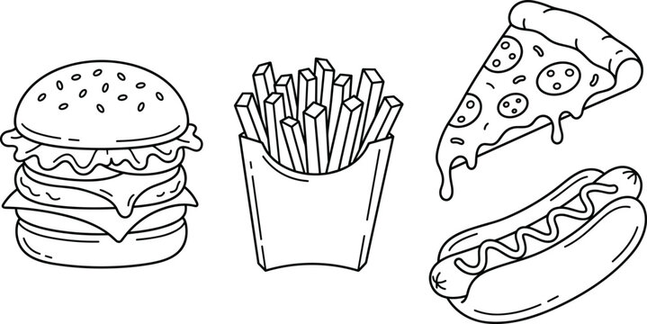 Minimalist Fast Food Line Art Vector Set Featuring Hamburger French Fries Pizza Slice and Hot Dog Elements for Restaurant Menu Graphic Designs