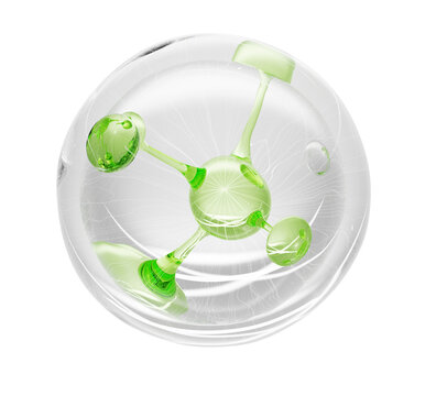3D green molecule in transparent liquid bubble. Aloe vera gel cream drop, matcha tea moisture serum, olive oil cleanser, herbal shampoo. Natural cosmetic ball sphere for skin care
