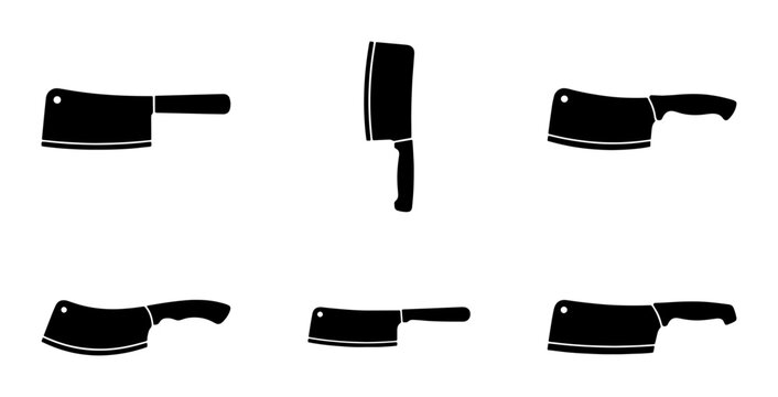 Black butcher knives set, kitchen cleavers silhouettes, food