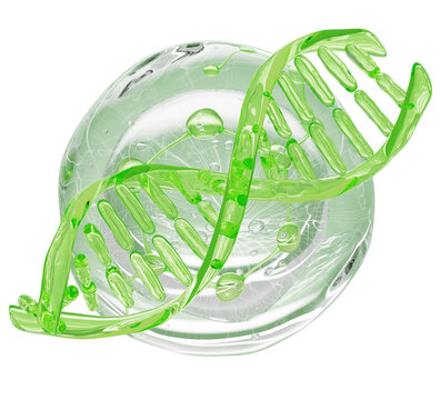 Green DNA helix strand structure with cell molecule in clear fluid. Natural cosmetic lab 3d background. Bio aloe vera gel drop, organic beauty cream, matcha tea serum, herbal shampoo