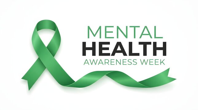 A green awareness ribbon symbol representing support for world mental health day and mental health awareness week campaigns designed to promote psychological wellness and healing