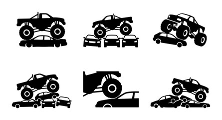 Black monster trucks crushing cars silhouettes, graphic design © Md