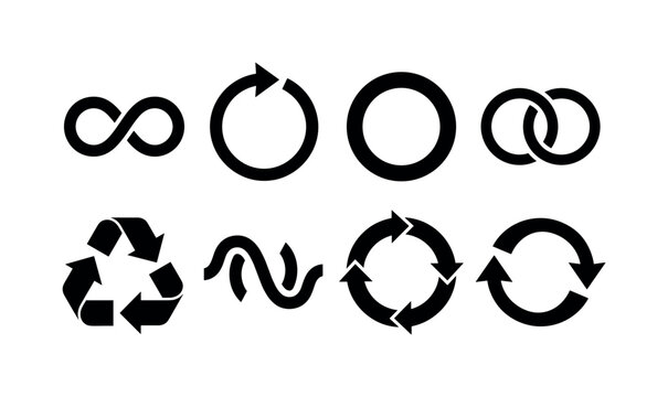Continuous Cycle Symbols, solid glyph icon set featuring infinity loop, repeat arrow, circular path, linked rings, recycling arrows, continuous line, lifecycle wheel, sync arrows, covering endless
