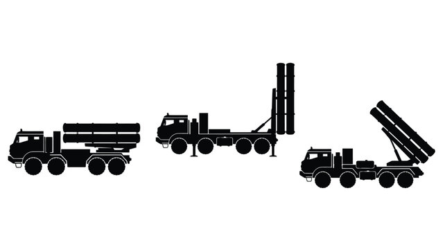 Military trucks with missile launchers are shown in black silhouette