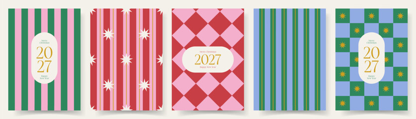 Obraz premium Christmas and New Year Geometric Cover Collection. Vector festive set of geometric covers featuring stripes, diamonds, stars and holiday colors. Ideal for wrapping paper, cards, invitations, branding.