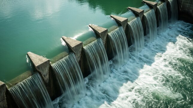 Turquoise Water Flowing Over Reservoir Spillway Dam  into Foaming River Bed