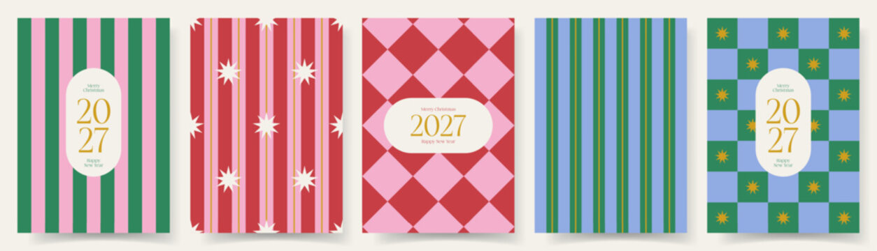 Christmas and New Year Geometric Cover Collection. Vector festive set of geometric covers featuring stripes, diamonds, stars and holiday colors. Ideal for wrapping paper, cards, invitations, branding.