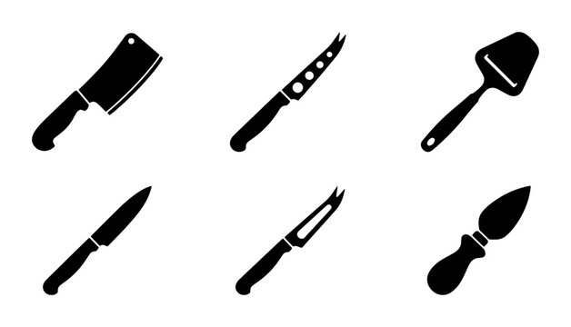Black kitchen knives and cheese slicer icons, cooking and culinary