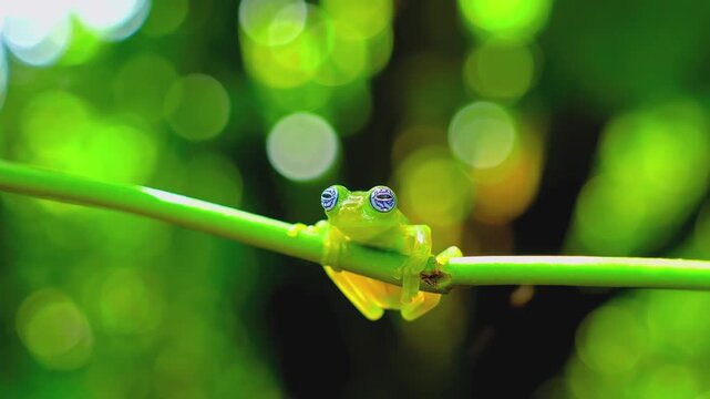 Glass frog with translucent skin perched on branch in tropical