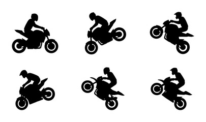 Fototapeta premium Black motorcycle rider silhouettes, action poses, sports graphics set