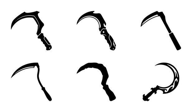 Black sickle and scythe silhouettes, farming and weapon icons, graphic