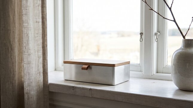 Silver bread box with wooden lid rests on a windowsill